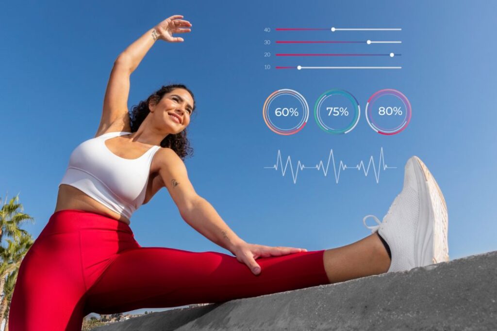 Woman stretching with heart rate data displayed on screen